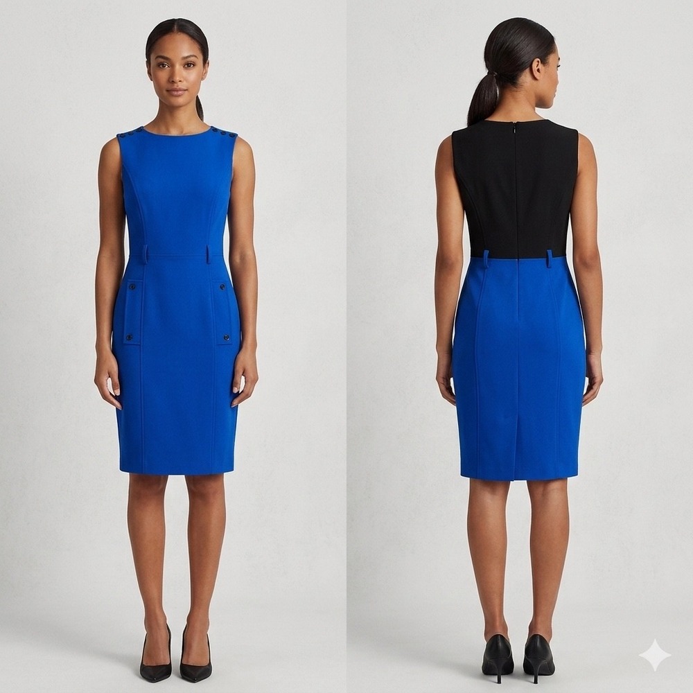 Calvin Klein Dress Size 6 Royal Blue Black Colorblock Button Sheath Office